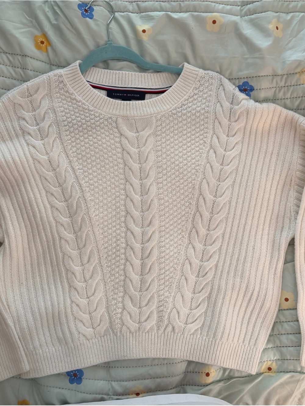 Tommy Hilfiger Cream Cable-Knit Crewneck Sweater